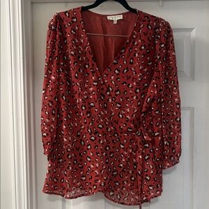 Skies Are Blue Burnt Orange Leopard Print Wrap Blouse